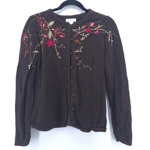 Vintage Christopher&Banks Granny Button Embroidered Beaded Floral Brown Cardi S